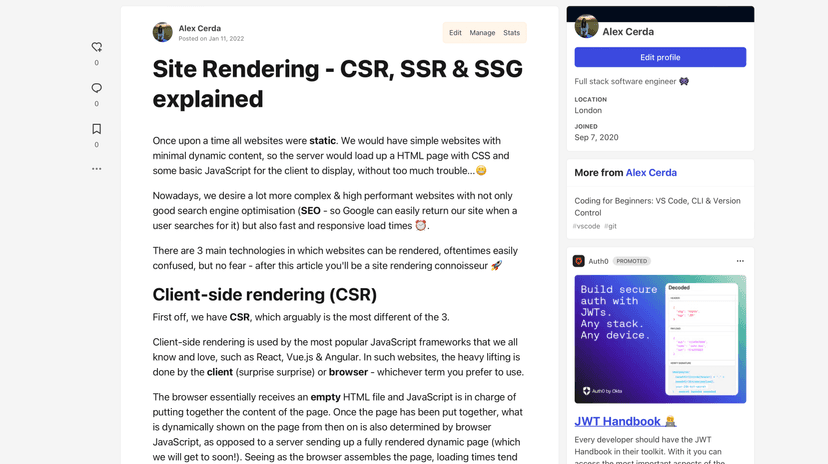 Screenshot of https://dev.to/cerdfied/site-rendering-csr-ssr-ssg-explained-3o97